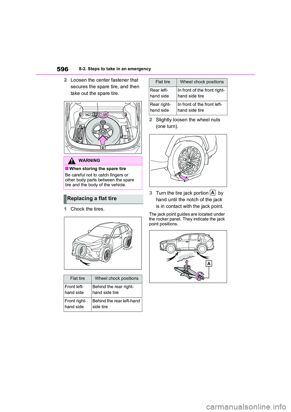 TOYOTA VERSO S 2011  Owners Manual 5968-2. Steps to take in an emergency
2Loosen the center fastener that  
secures the spare tire, and then  
take out the spare tire. 
1 Chock the tires. 
2 Slightly loosen the wheel nuts  
(one turn).