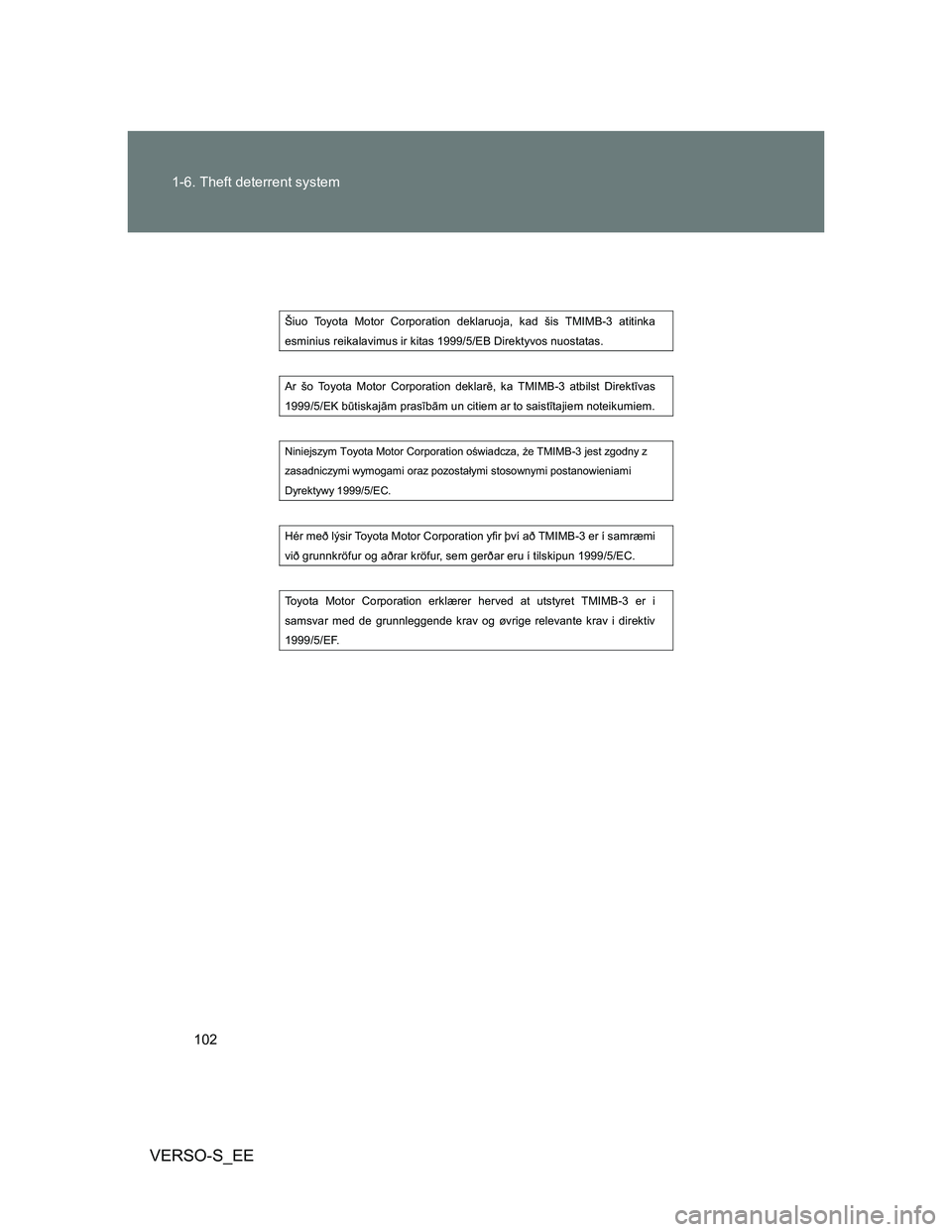 TOYOTA VERSO S 2013  Owners Manual 102 1-6. Theft deterrent system
VERSO-S_EE
 
Šiuo Toyota Motor Corporation deklaruoja, kad šis TMIMB-3 atitinka 
esminius reikalavimus ir kitas 1999/5/EB Direktyvos nuostatas. 
 
Ar šo Toyota Motor
