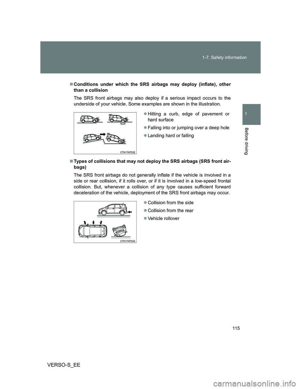 TOYOTA VERSO S 2013  Owners Manual 115 1-7. Safety information
1
Before driving
VERSO-S_EE
Conditions under which the SRS airbags may deploy (inflate), other
than a collision
The SRS front airbags may also deploy if a serious impact