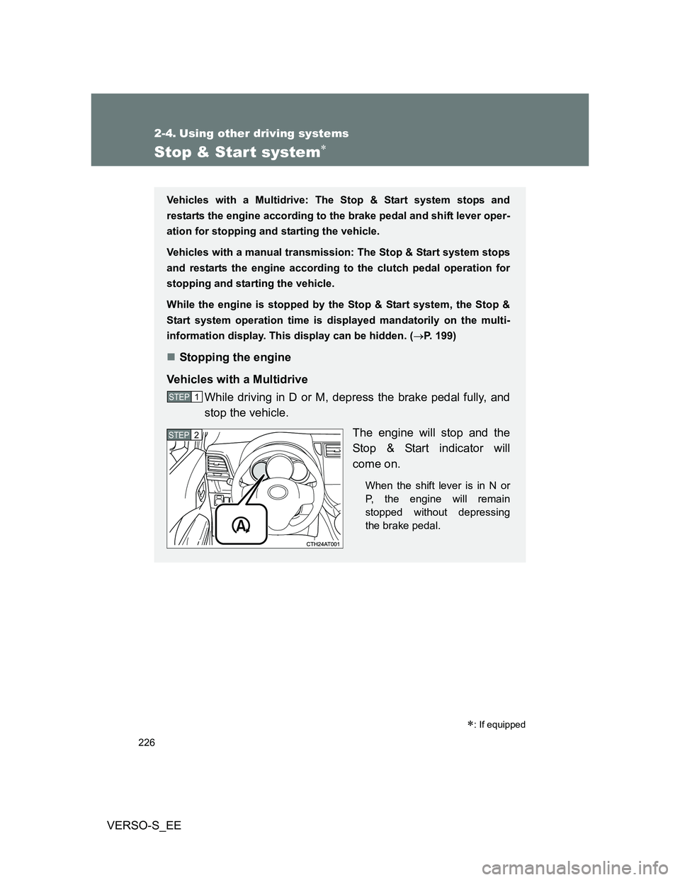 TOYOTA VERSO S 2013  Owners Manual 226
VERSO-S_EE
2-4. Using other driving systems
Stop & Start system
: If equipped
Vehicles with a Multidrive: The Stop & Start system stops and
restarts the engine according to the brake pedal a