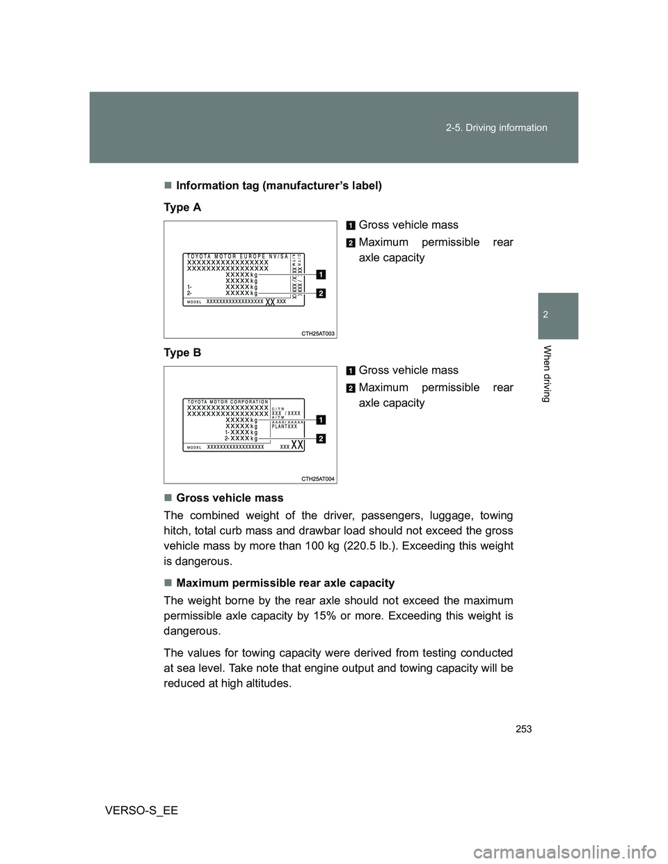 TOYOTA VERSO S 2013  Owners Manual 253 2-5. Driving information
2
When driving
VERSO-S_EEInformation tag (manufacturer’s label)
Ty p e  A
Gross vehicle mass
Maximum permissible rear
axle capacity
Ty p e  B
Gross vehicle mass
Maxim