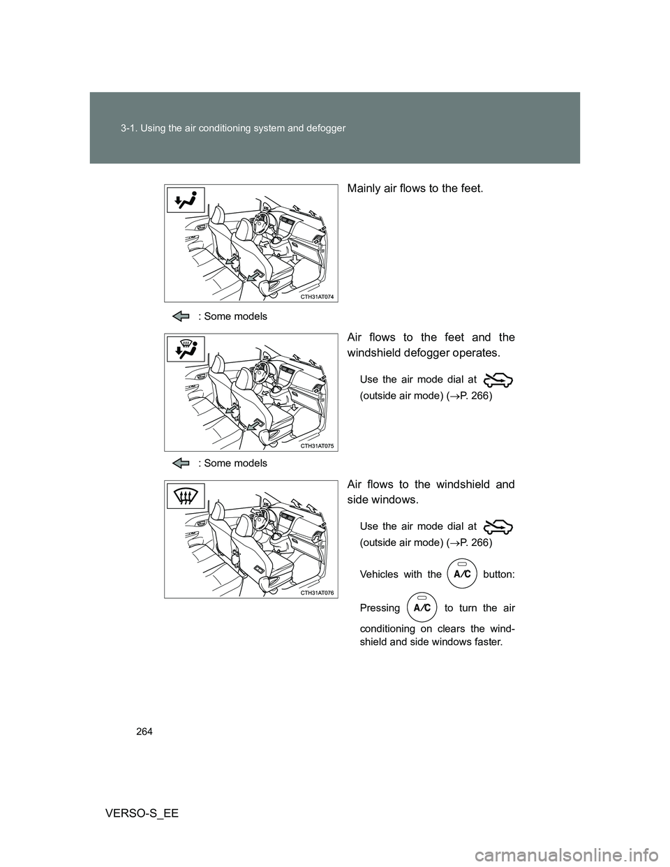TOYOTA VERSO S 2013  Owners Manual 264 3-1. Using the air conditioning system and defogger
VERSO-S_EEMainly air flows to the feet.
: Some models
Air flows to the feet and the
windshield defogger operates.
Use the air mode dial at 
(out