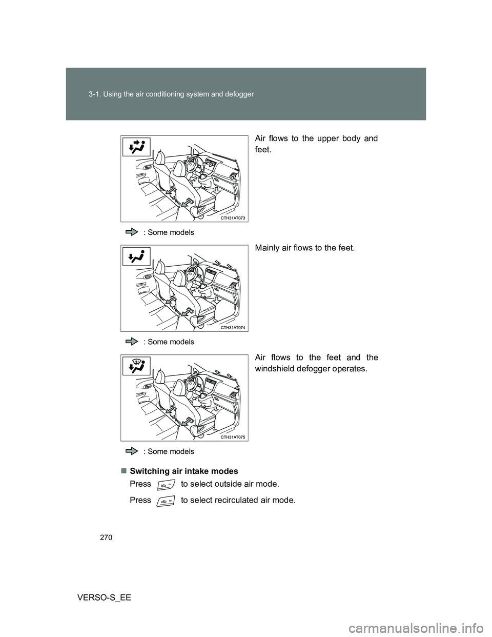 TOYOTA VERSO S 2013  Owners Manual 270 3-1. Using the air conditioning system and defogger
VERSO-S_EEAir flows to the upper body and
feet.
: Some models
Mainly air flows to the feet.
: Some models
Air flows to the feet and the
windshie