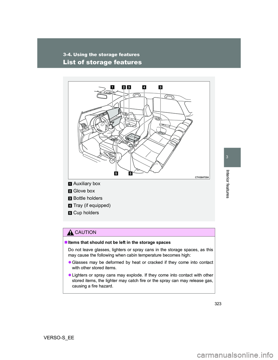 TOYOTA VERSO S 2013  Owners Manual 323
3
Interior features
VERSO-S_EE
3-4. Using the storage features
List of storage features
CAUTION
Items that should not be left in the storage spaces
Do not leave glasses, lighters or spray cans 