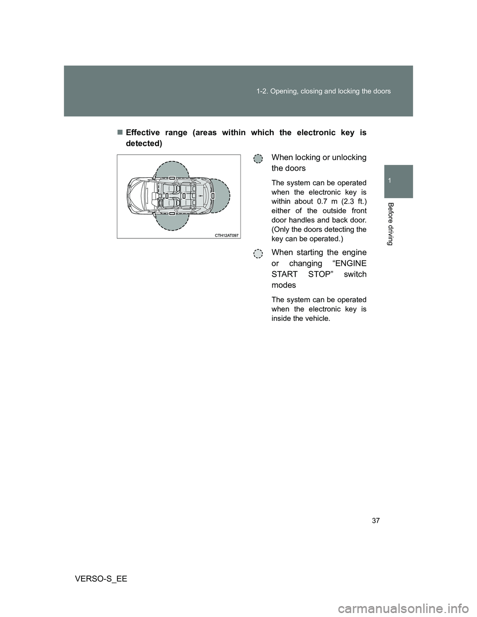 TOYOTA VERSO S 2013  Owners Manual 37 1-2. Opening, closing and locking the doors
1
Before driving
VERSO-S_EEEffective range (areas within which the electronic key is
detected)
When locking or unlocking
the doors
The system can be o