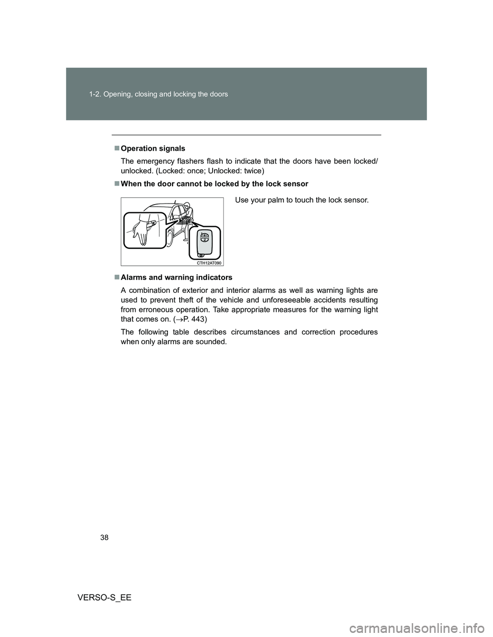TOYOTA VERSO S 2013  Owners Manual 38 1-2. Opening, closing and locking the doors
VERSO-S_EE
Operation signals
The emergency flashers flash to indicate that the doors have been locked/
unlocked. (Locked: once; Unlocked: twice)
Wh