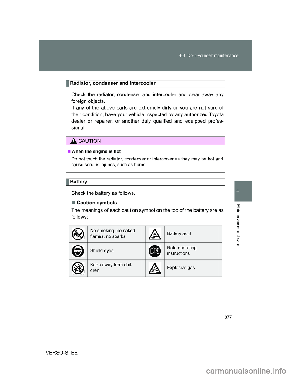 TOYOTA VERSO S 2013  Owners Manual 377 4-3. Do-it-yourself maintenance
4
Maintenance and care
VERSO-S_EE
Radiator, condenser and intercooler
Check the radiator, condenser and intercooler and clear away any
foreign objects. 
If any of t
