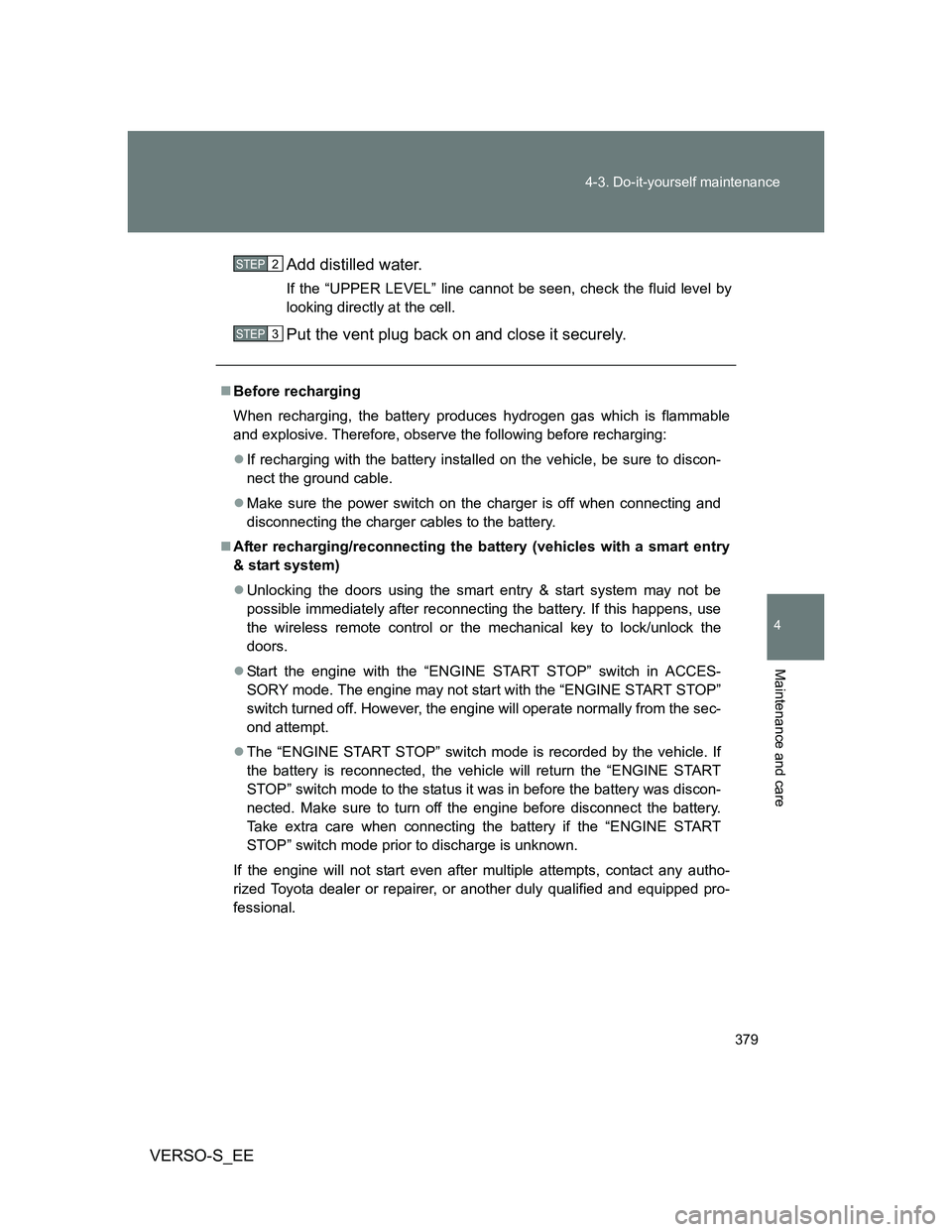 TOYOTA VERSO S 2013 Owners Manual 379 4-3. Do-it-yourself maintenance
4
Maintenance and care
VERSO-S_EEAdd distilled water.
If the “UPPER LEVEL” line cannot be seen, check the fluid level by
looking directly at the cell.
Put the v TOYOTA VERSO S 2013 Owners Manual 379 4-3. Do-it-yourself maintenance
4
Maintenance and care
VERSO-S_EEAdd distilled water.
If the “UPPER LEVEL” line cannot be seen, check the fluid level by
looking directly at the cell.
Put the v