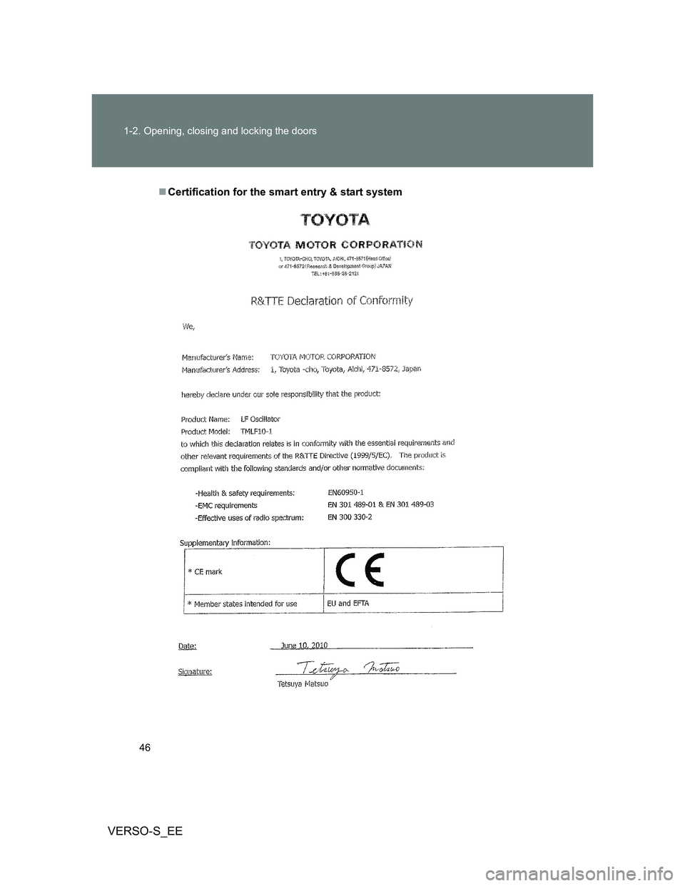 TOYOTA VERSO S 2013  Owners Manual 46 1-2. Opening, closing and locking the doors
VERSO-S_EE
Certification for the smart entry & start system 