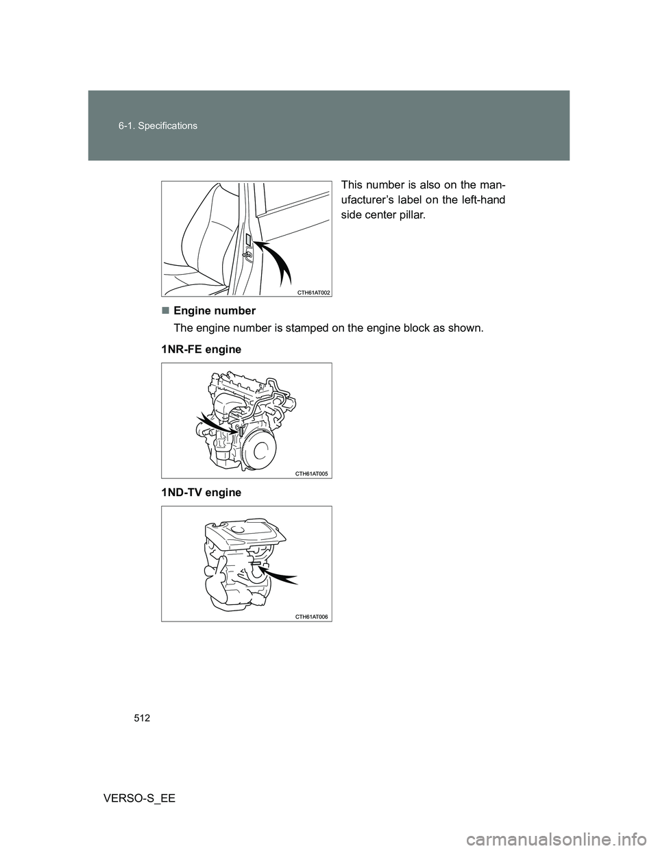 TOYOTA VERSO S 2013  Owners Manual 512 6-1. Specifications
VERSO-S_EEThis number is also on the man-
ufacturer’s label on the left-hand
side center pillar.
Engine number
The engine number is stamped on the engine block as shown.
1