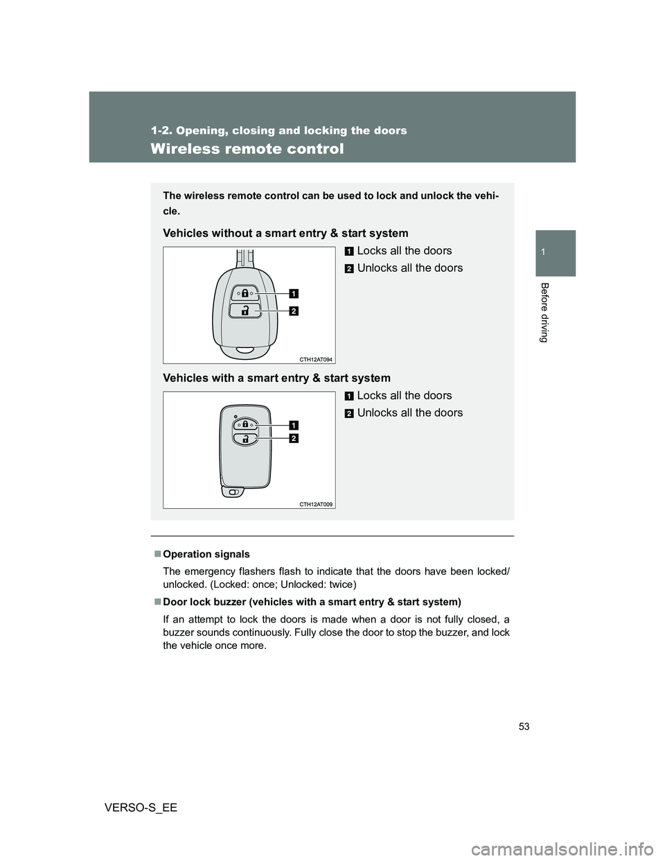 TOYOTA VERSO S 2013  Owners Manual 53
1
1-2. Opening, closing and locking the doors
Before driving
VERSO-S_EE
Wireless remote control
Operation signals
The emergency flashers flash to indicate that the doors have been locked/
unlock