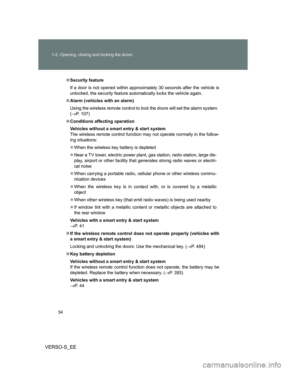 TOYOTA VERSO S 2013 Owners Manual 54 1-2. Opening, closing and locking the doors
VERSO-S_EE
Security feature
If a door is not opened within approximately 30 seconds after the vehicle is
unlocked, the security feature automatically TOYOTA VERSO S 2013 Owners Manual 54 1-2. Opening, closing and locking the doors
VERSO-S_EE
Security feature
If a door is not opened within approximately 30 seconds after the vehicle is
unlocked, the security feature automatically
