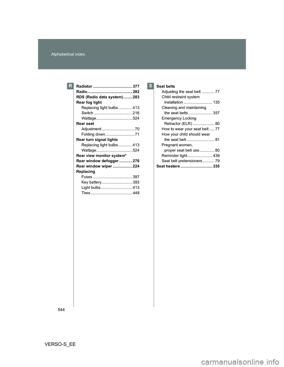 TOYOTA VERSO S 2013  Owners Manual 544 Alphabetical index
VERSO-S_EE
Radiator .................................... 377
Radio ......................................... 282
RDS (Radio data system) ........ 283
Rear fog light
Replacing li