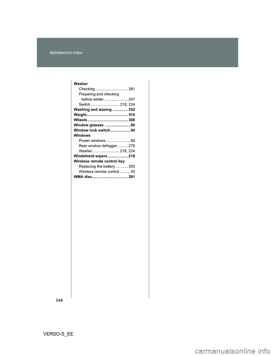 TOYOTA VERSO S 2013  Owners Manual 548 Alphabetical index
VERSO-S_EE
Washer
Checking ............................... 381
Preparing and checking 
before winter ....................... 247
Switch ........................... 218, 224
Wash