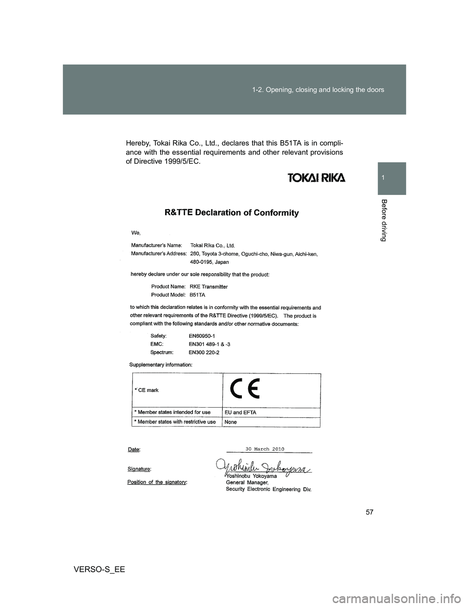 TOYOTA VERSO S 2013  Owners Manual 57 1-2. Opening, closing and locking the doors
1
Before driving
VERSO-S_EE
Hereby, Tokai Rika Co., Ltd., declares that this B51TA is in compli-
ance with the essential requirements and other relevant 
