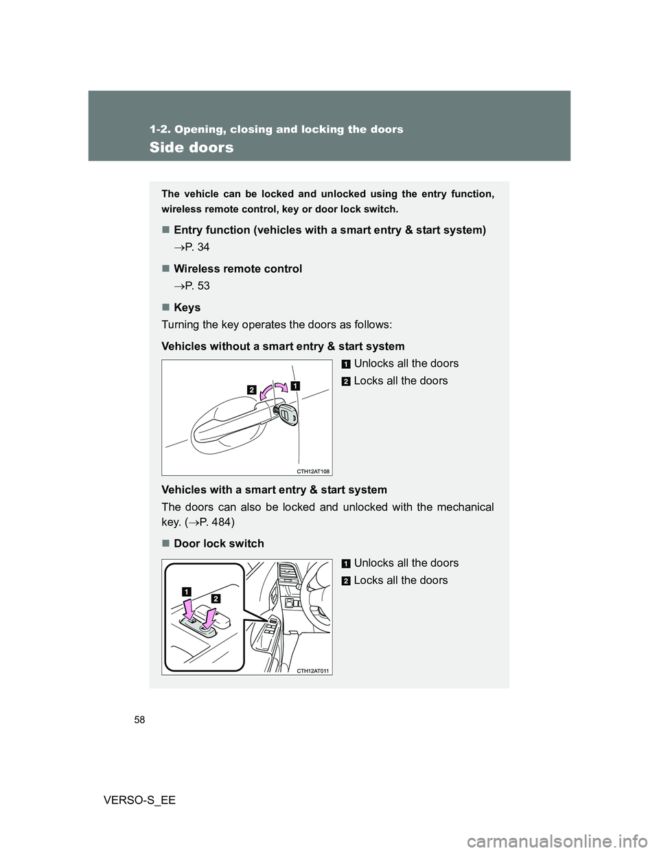 TOYOTA VERSO S 2013  Owners Manual 58
1-2. Opening, closing and locking the doors
VERSO-S_EE
Side doors
The vehicle can be locked and unlocked using the entry function,
wireless remote control, key or door lock switch.
Entry functio