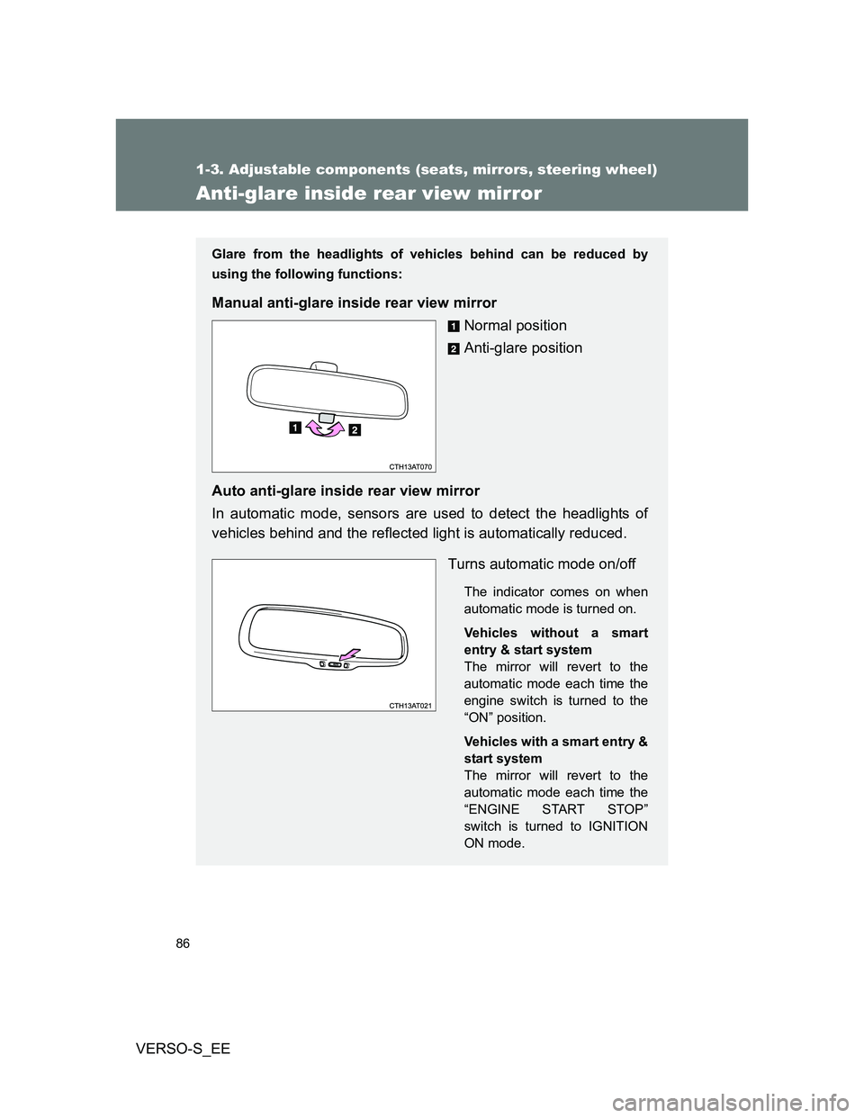 TOYOTA VERSO S 2013  Owners Manual 86
1-3. Adjustable components (seats, mirrors, steering wheel)
VERSO-S_EE
Anti-glare inside rear view mirror
Glare from the headlights of vehicles behind can be reduced by
using the following function