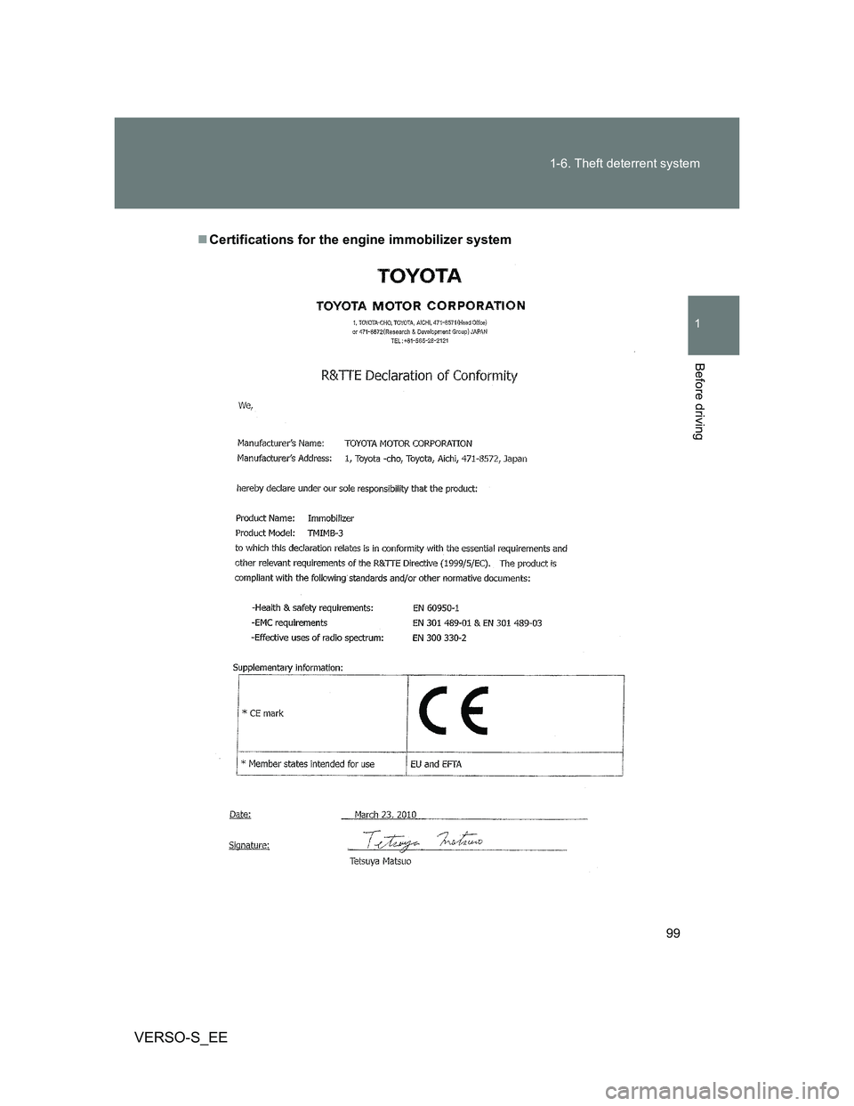 TOYOTA VERSO S 2013  Owners Manual 99 1-6. Theft deterrent system
1
Before driving
VERSO-S_EE
Certifications for the engine immobilizer system 