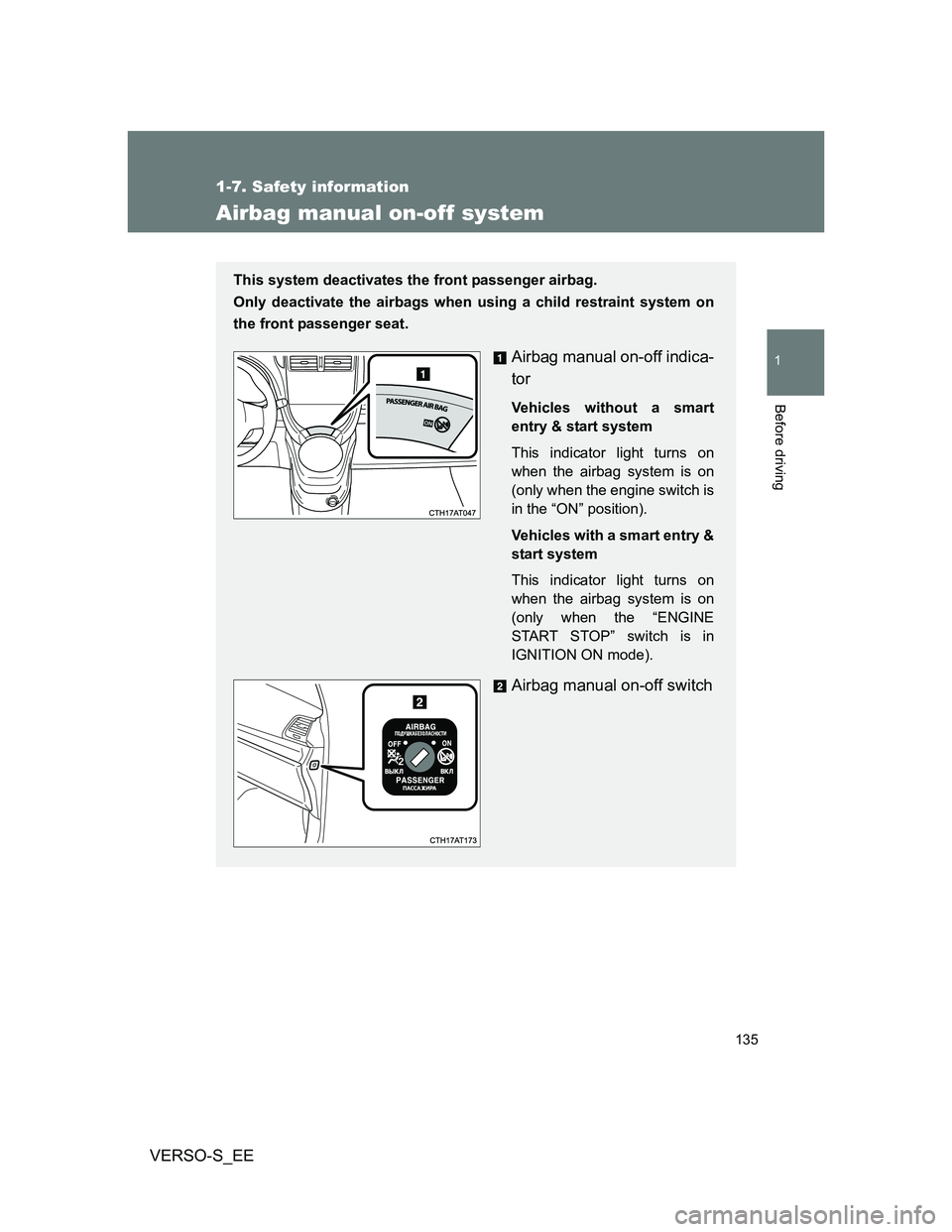 TOYOTA VERSO S 2014  Owners Manual 135
1
1-7. Safety information
Before driving
VERSO-S_EE
Airbag manual on-off system
This system deactivates the front passenger airbag.
Only deactivate the airbags when using a child restraint system 
