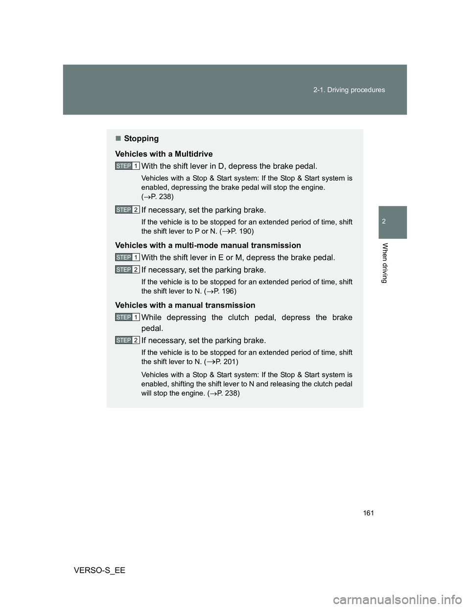 TOYOTA VERSO S 2014  Owners Manual 161 2-1. Driving procedures
2
When driving
VERSO-S_EE
Stopping
Vehicles with a Multidrive
With the shift lever in D, depress the brake pedal.
Vehicles with a Stop & Start system: If the Stop & Star