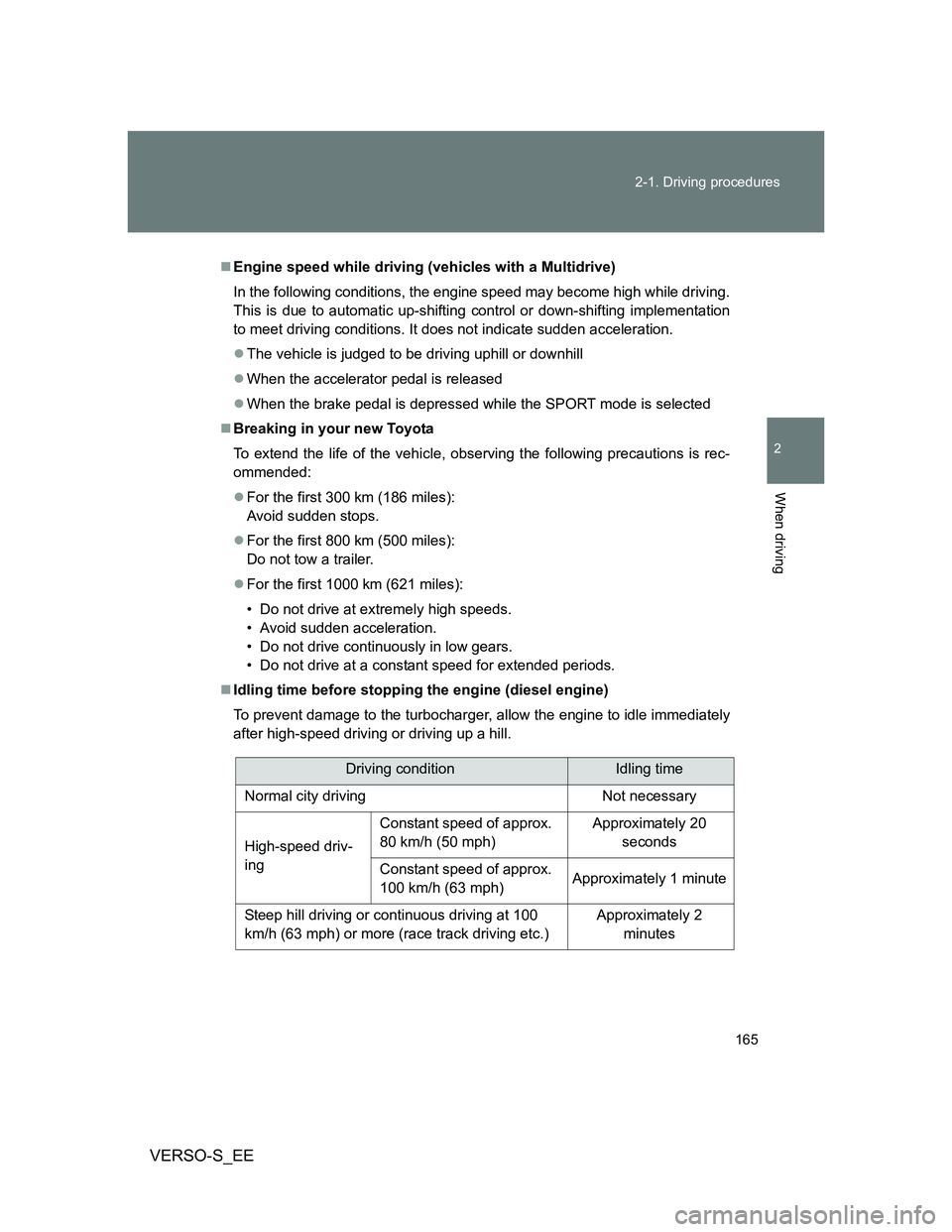 TOYOTA VERSO S 2014  Owners Manual 165 2-1. Driving procedures
2
When driving
VERSO-S_EE
Engine speed while driving (vehicles with a Multidrive)
In the following conditions, the engine speed may become high while driving.
This is du