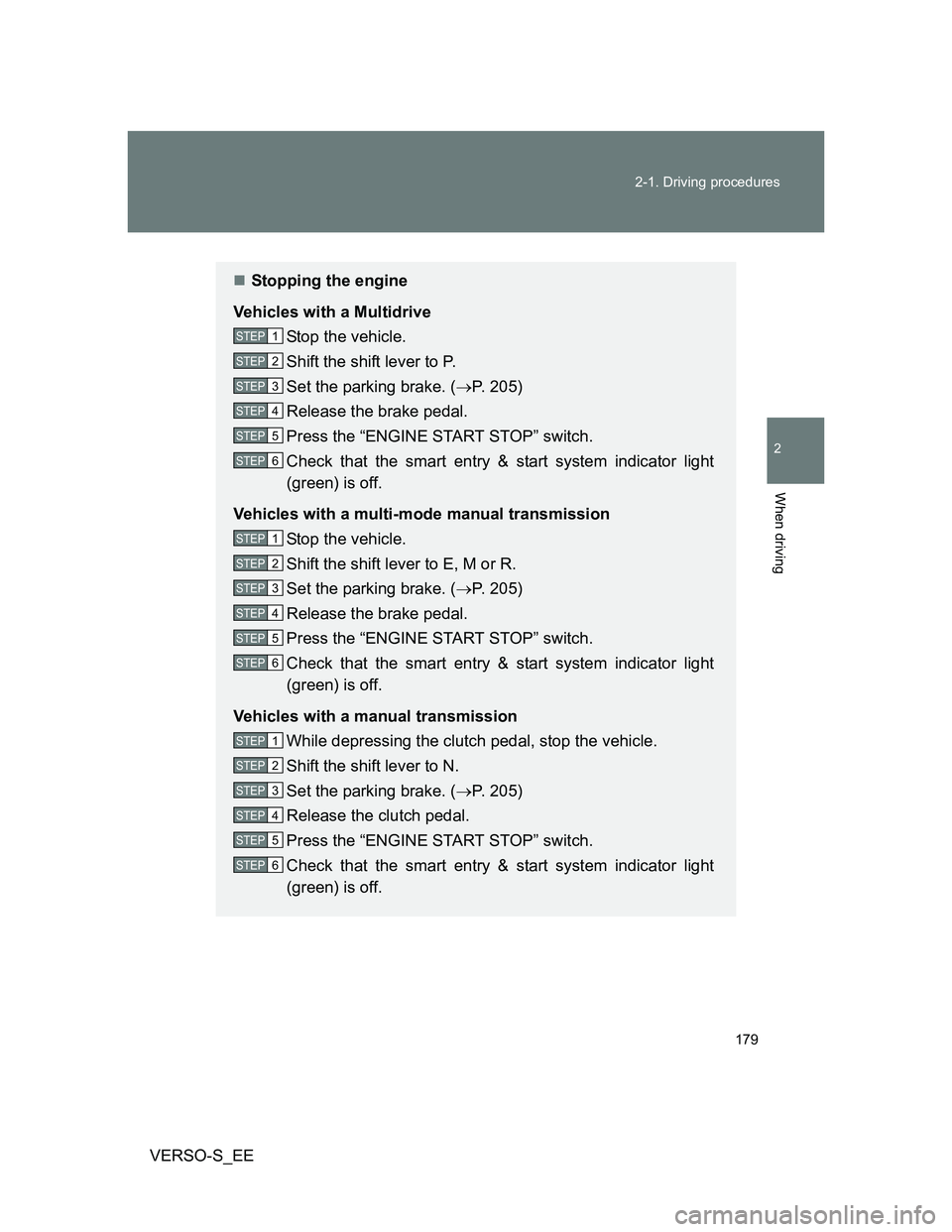 TOYOTA VERSO S 2014  Owners Manual 179 2-1. Driving procedures
2
When driving
VERSO-S_EE
Stopping the engine
Vehicles with a Multidrive
Stop the vehicle.
Shift the shift lever to P.
Set the parking brake. (P. 205)
Release the bra