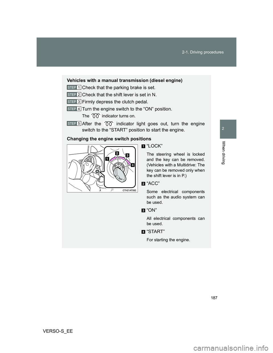 TOYOTA VERSO S 2014  Owners Manual 187 2-1. Driving procedures
2
When driving
VERSO-S_EE
Vehicles with a manual transmission (diesel engine)
Check that the parking brake is set.
Check that the shift lever is set in N.
Firmly depress th