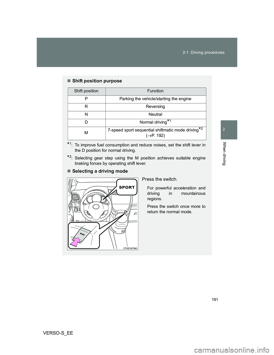 TOYOTA VERSO S 2014  Owners Manual 191 2-1. Driving procedures
2
When driving
VERSO-S_EE
Shift position purpose
*1: To improve fuel consumption and reduce noises, set the shift lever in
the D position for normal driving.
*2: Selecti