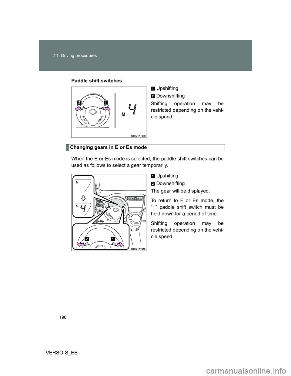 TOYOTA VERSO S 2014  Owners Manual 198 2-1. Driving procedures
VERSO-S_EEPaddle shift switches
Upshifting
Downshifting
Shifting operation may be
restricted depending on the vehi-
cle speed.
Changing gears in E or Es mode
When the E or 
