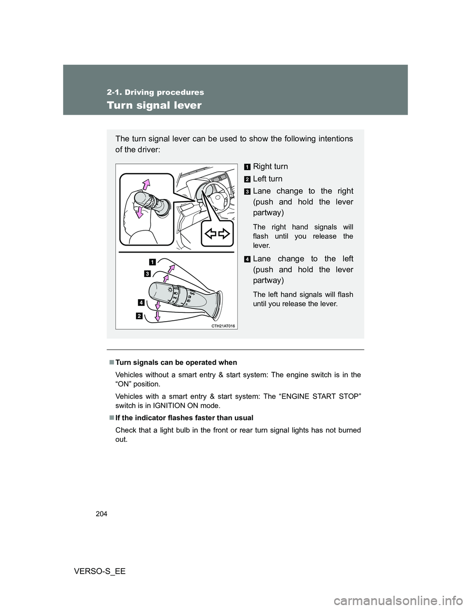 TOYOTA VERSO S 2014  Owners Manual 204
2-1. Driving procedures
VERSO-S_EE
Turn signal lever
Turn signals can be operated when
Vehicles without a smart entry & start system: The engine switch is in the
“ON” position.
Vehicles wit