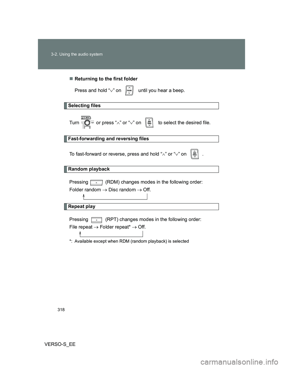 TOYOTA VERSO S 2014  Owners Manual 318 3-2. Using the audio system
VERSO-S_EEReturning to the first folder
Press and hold “” on   until you hear a beep.
Selecting files
Turn   or press “” or “” on   to select th