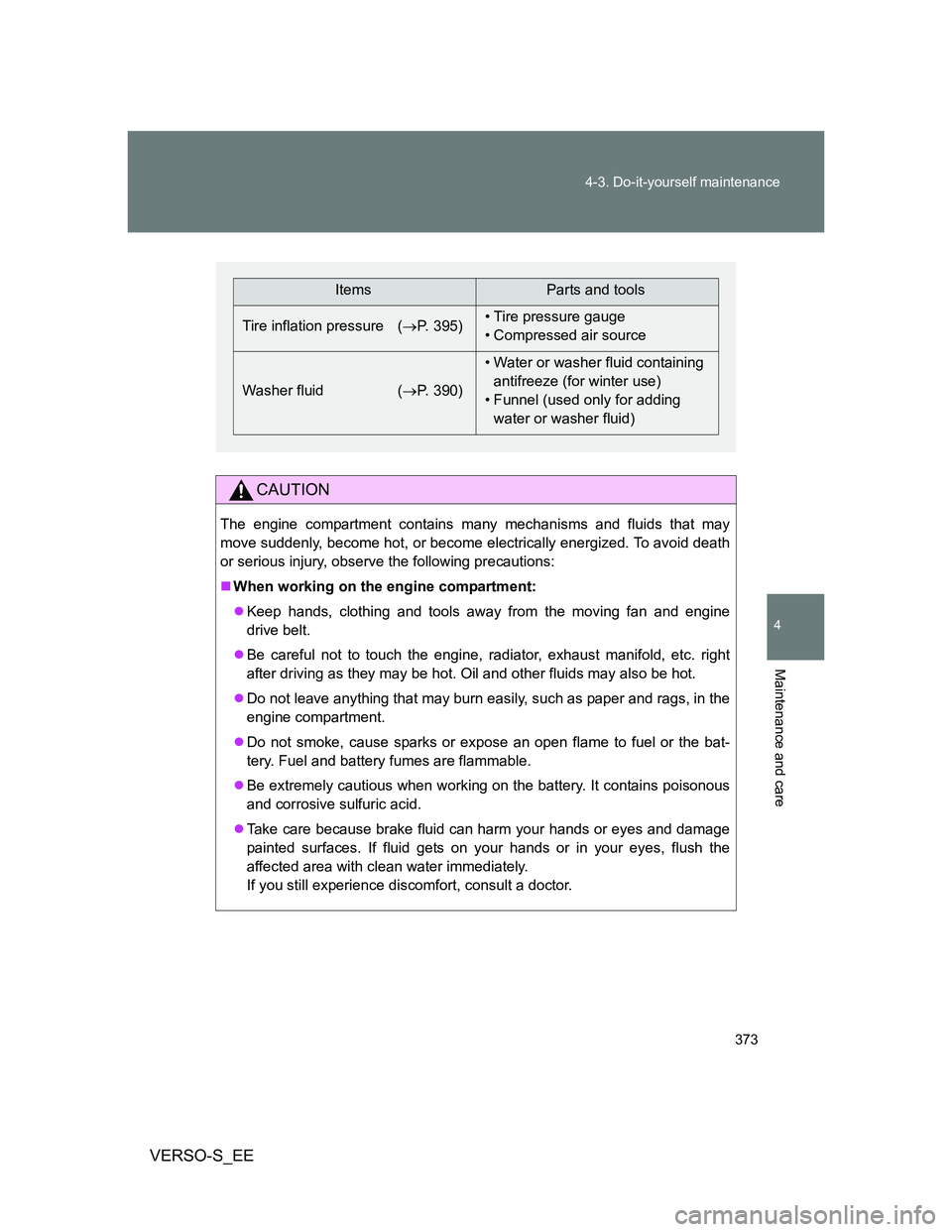 TOYOTA VERSO S 2014 Owners Manual 373 4-3. Do-it-yourself maintenance
4
Maintenance and care
VERSO-S_EE
CAUTION
The engine compartment contains many mechanisms and fluids that may
move suddenly, become hot, or become electrically ener TOYOTA VERSO S 2014 Owners Manual 373 4-3. Do-it-yourself maintenance
4
Maintenance and care
VERSO-S_EE
CAUTION
The engine compartment contains many mechanisms and fluids that may
move suddenly, become hot, or become electrically ener