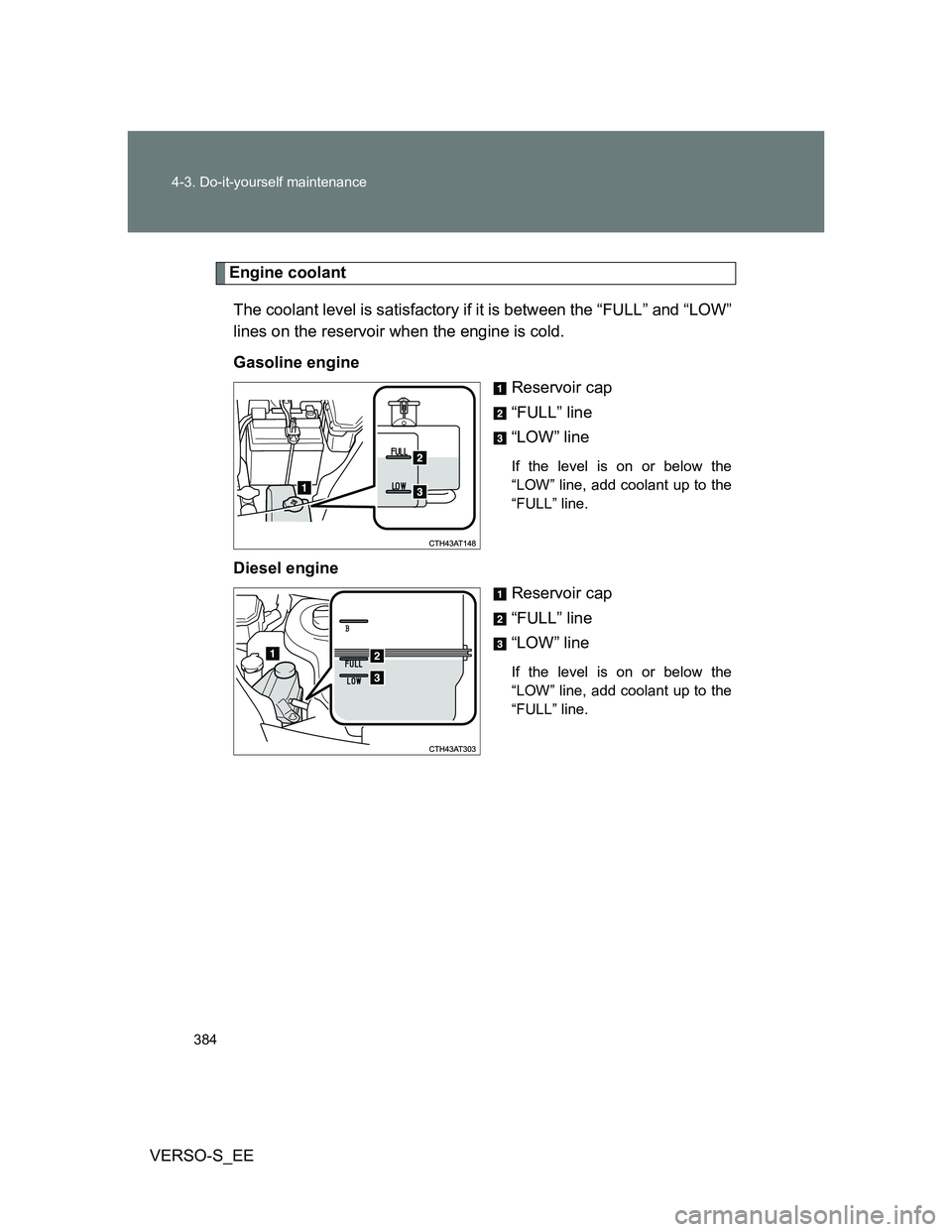 TOYOTA VERSO S 2014  Owners Manual 384 4-3. Do-it-yourself maintenance
VERSO-S_EE
Engine coolant
The coolant level is satisfactory if it is between the “FULL” and “LOW”
lines on the reservoir when the engine is cold.
Gasoline e