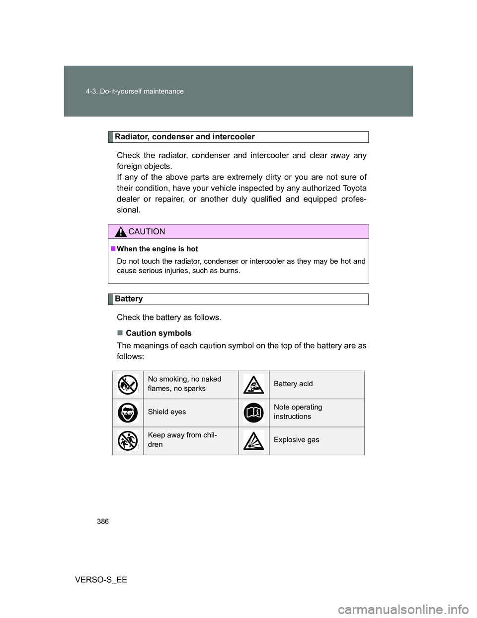 TOYOTA VERSO S 2014  Owners Manual 386 4-3. Do-it-yourself maintenance
VERSO-S_EE
Radiator, condenser and intercooler
Check the radiator, condenser and intercooler and clear away any
foreign objects. 
If any of the above parts are extr