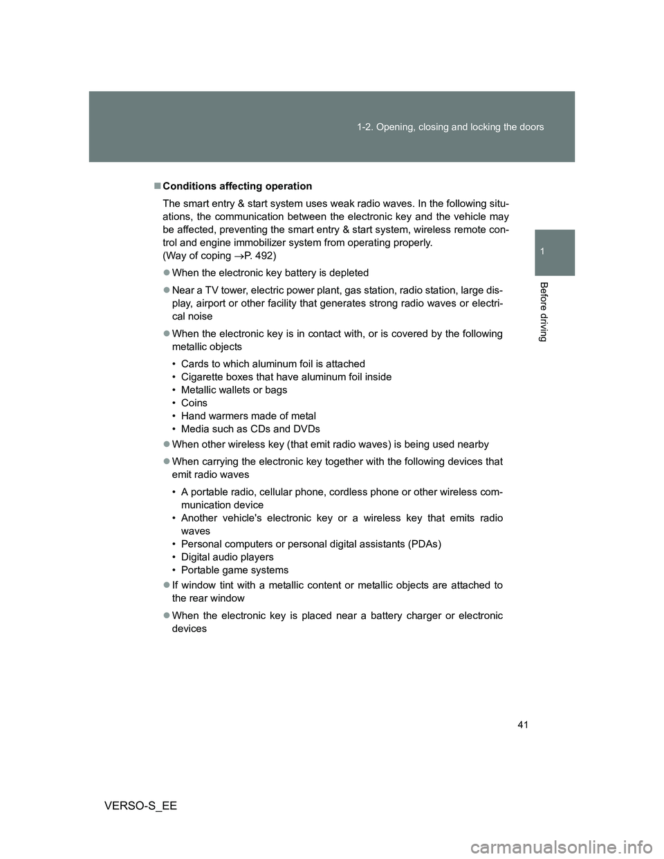 TOYOTA VERSO S 2014 Owners Manual 41 1-2. Opening, closing and locking the doors
1
Before driving
VERSO-S_EE
Conditions affecting operation
The smart entry & start system uses weak radio waves. In the following situ-
ations, the co TOYOTA VERSO S 2014 Owners Manual 41 1-2. Opening, closing and locking the doors
1
Before driving
VERSO-S_EE
Conditions affecting operation
The smart entry & start system uses weak radio waves. In the following situ-
ations, the co