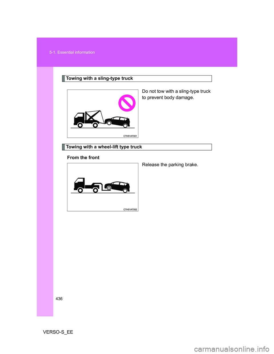 TOYOTA VERSO S 2014  Owners Manual 436 5-1. Essential information
VERSO-S_EE
Towing with a sling-type truck
Do not tow with a sling-type truck
to prevent body damage.
Towing with a wheel-lift type truck
From the front
Release the parki