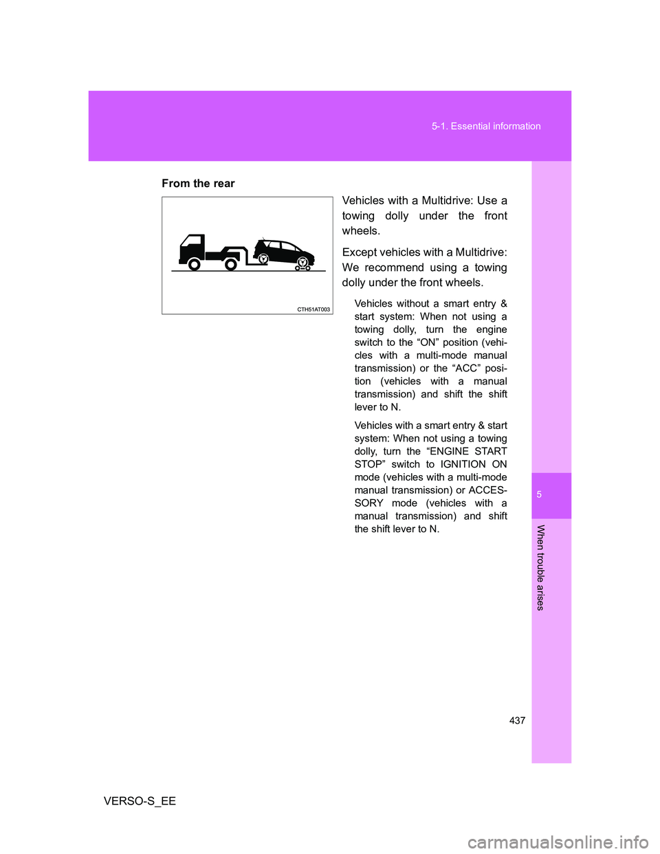TOYOTA VERSO S 2014  Owners Manual 5
437 5-1. Essential information
When trouble arises
VERSO-S_EEFrom the rear
Vehicles with a Multidrive: Use a
towing dolly under the front
wheels.
Except vehicles with a Multidrive:
We recommend usin