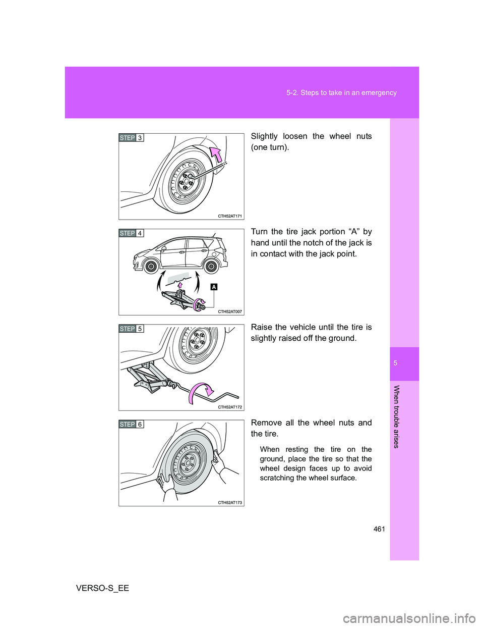 TOYOTA VERSO S 2014  Owners Manual 5
461 5-2. Steps to take in an emergency
When trouble arises
VERSO-S_EESlightly loosen the wheel nuts
(one turn).
Turn the tire jack portion “A” by
hand until the notch of the jack is
in contact w