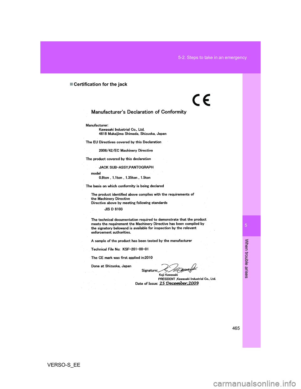 TOYOTA VERSO S 2014  Owners Manual 5
465 5-2. Steps to take in an emergency
When trouble arises
VERSO-S_EE
Certification for the jack 