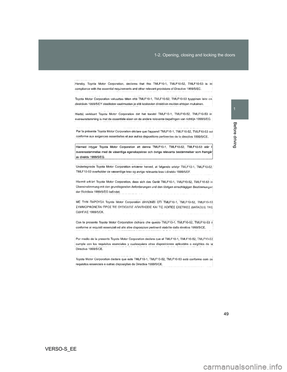 TOYOTA VERSO S 2014  Owners Manual 49 1-2. Opening, closing and locking the doors
1
Before driving
VERSO-S_EE 