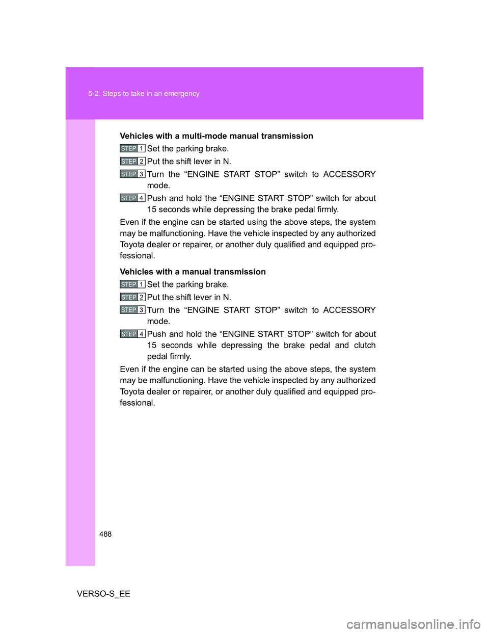TOYOTA VERSO S 2014  Owners Manual 488 5-2. Steps to take in an emergency
VERSO-S_EEVehicles with a multi-mode manual transmission
Set the parking brake.
Put the shift lever in N.
Turn the “ENGINE START STOP” switch to ACCESSORY
mo