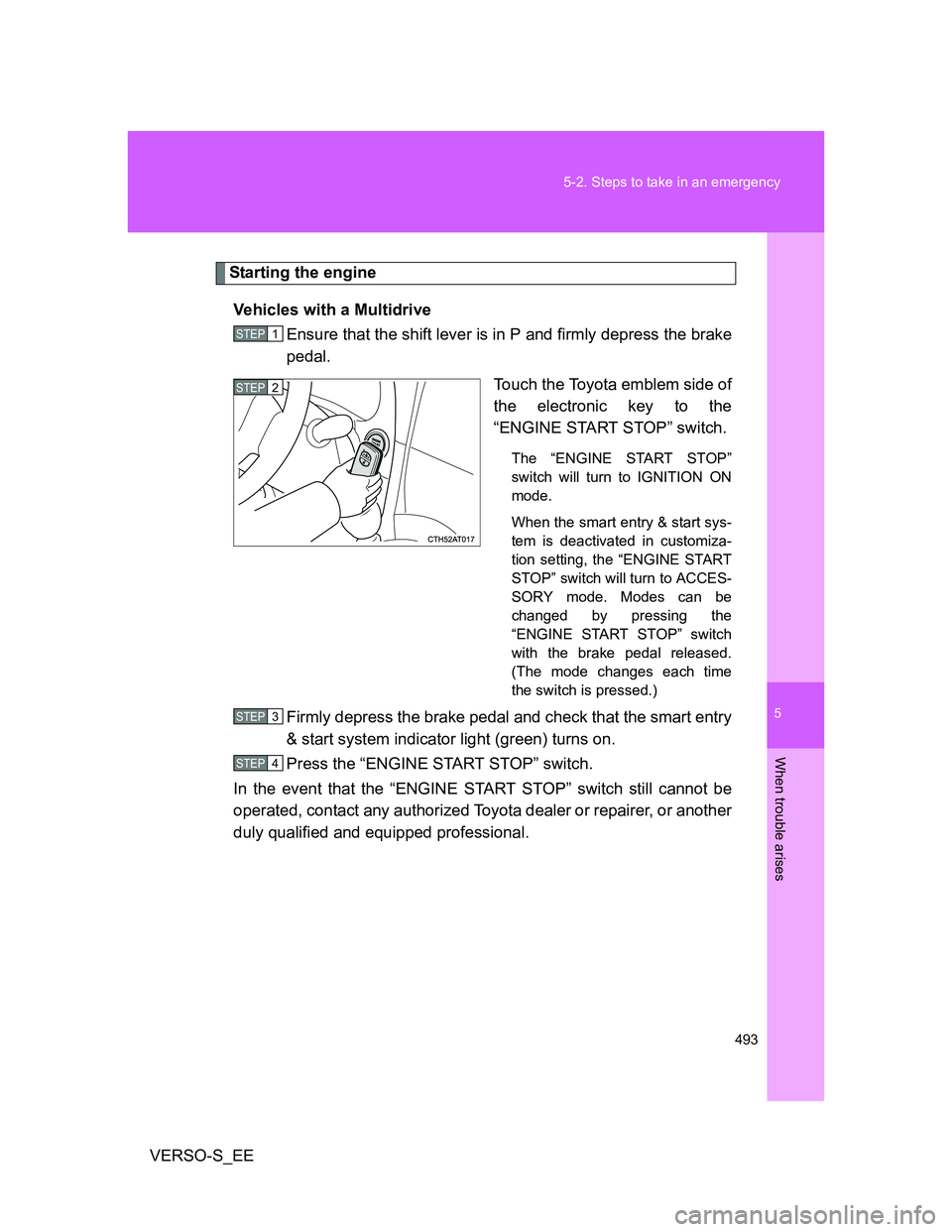 TOYOTA VERSO S 2014  Owners Manual 5
493 5-2. Steps to take in an emergency
When trouble arises
VERSO-S_EE
Starting the engine
Vehicles with a Multidrive
Ensure that the shift lever is in P and firmly depress the brake
pedal.
Touch the