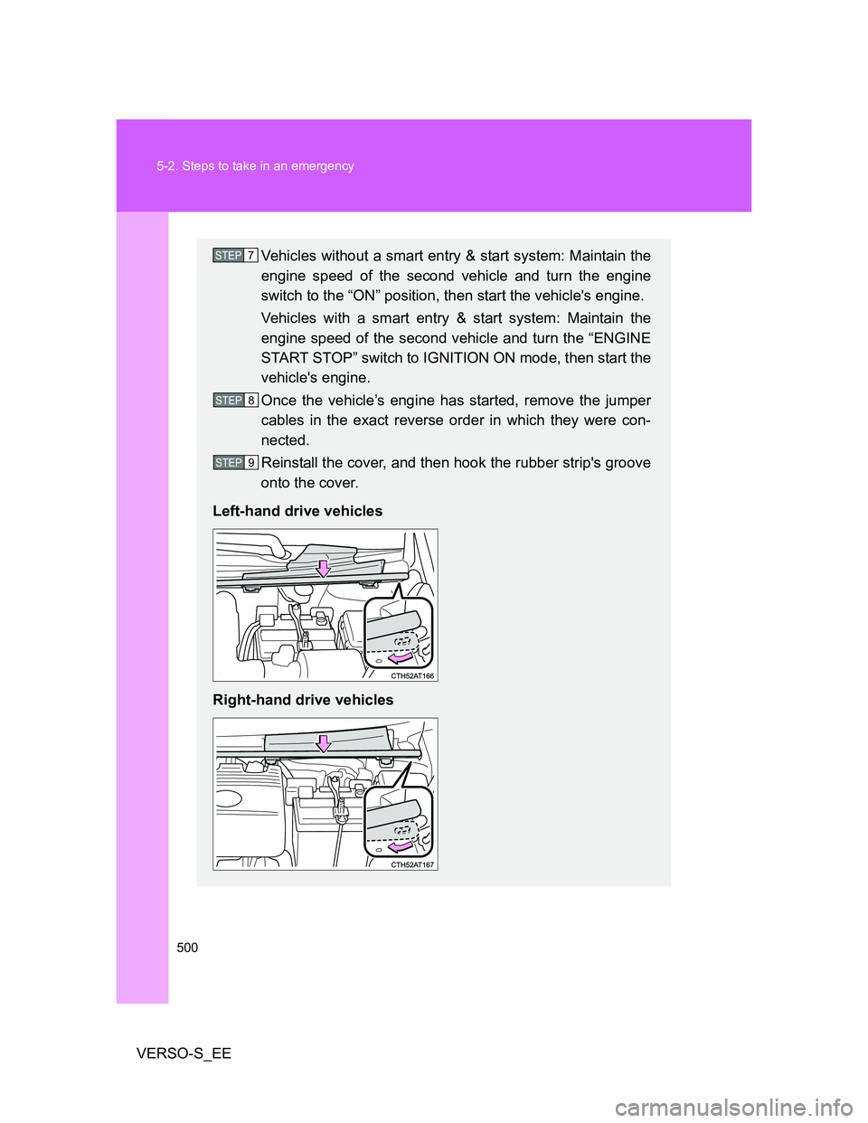 TOYOTA VERSO S 2014  Owners Manual 500 5-2. Steps to take in an emergency
VERSO-S_EE
Vehicles without a smart entry & start system: Maintain the
engine speed of the second vehicle and turn the engine
switch to the “ON” position, th