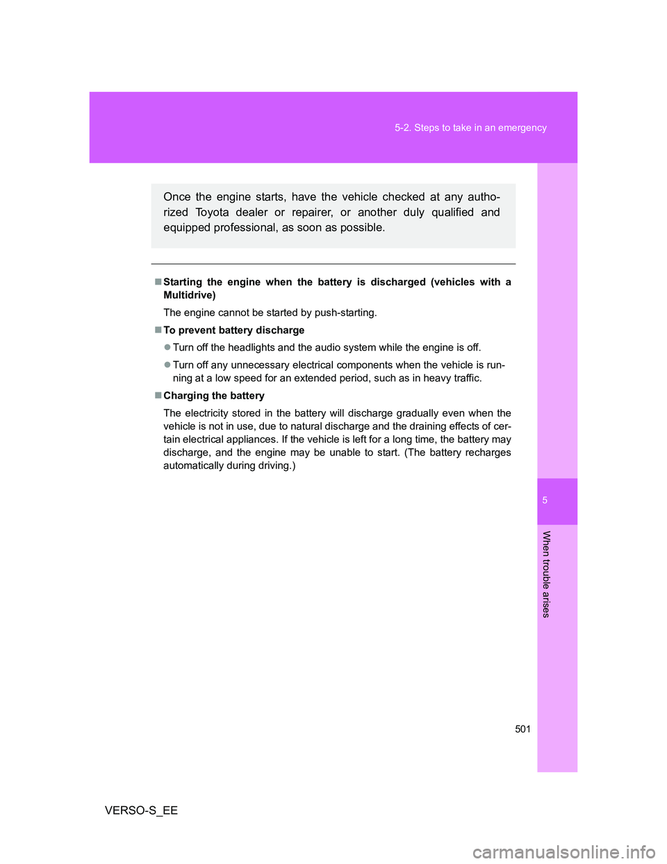 TOYOTA VERSO S 2014  Owners Manual 5
501 5-2. Steps to take in an emergency
When trouble arises
VERSO-S_EE
Starting the engine when the battery is discharged (vehicles with a
Multidrive)
The engine cannot be started by push-starting
