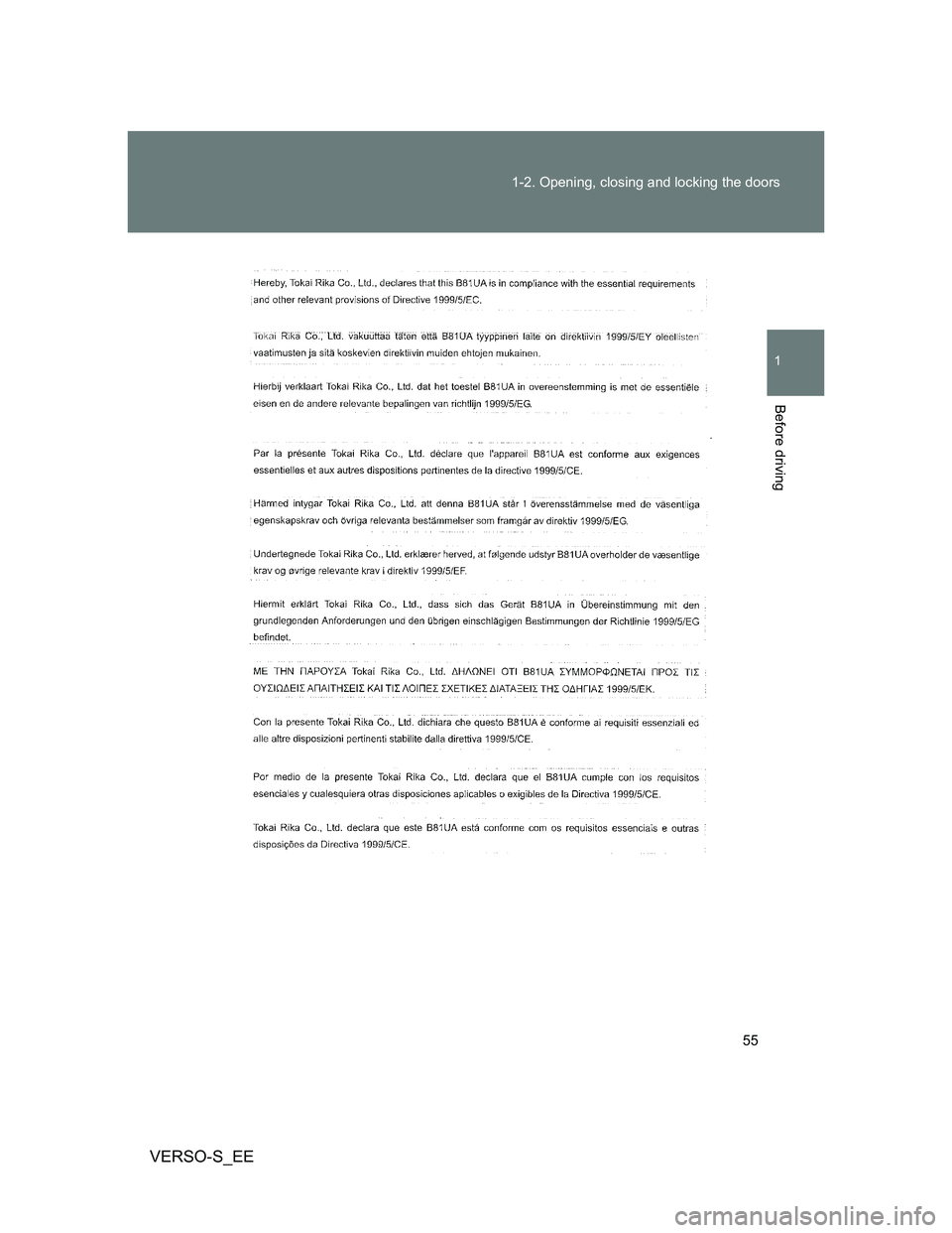 TOYOTA VERSO S 2014  Owners Manual 55 1-2. Opening, closing and locking the doors
1
Before driving
VERSO-S_EE 