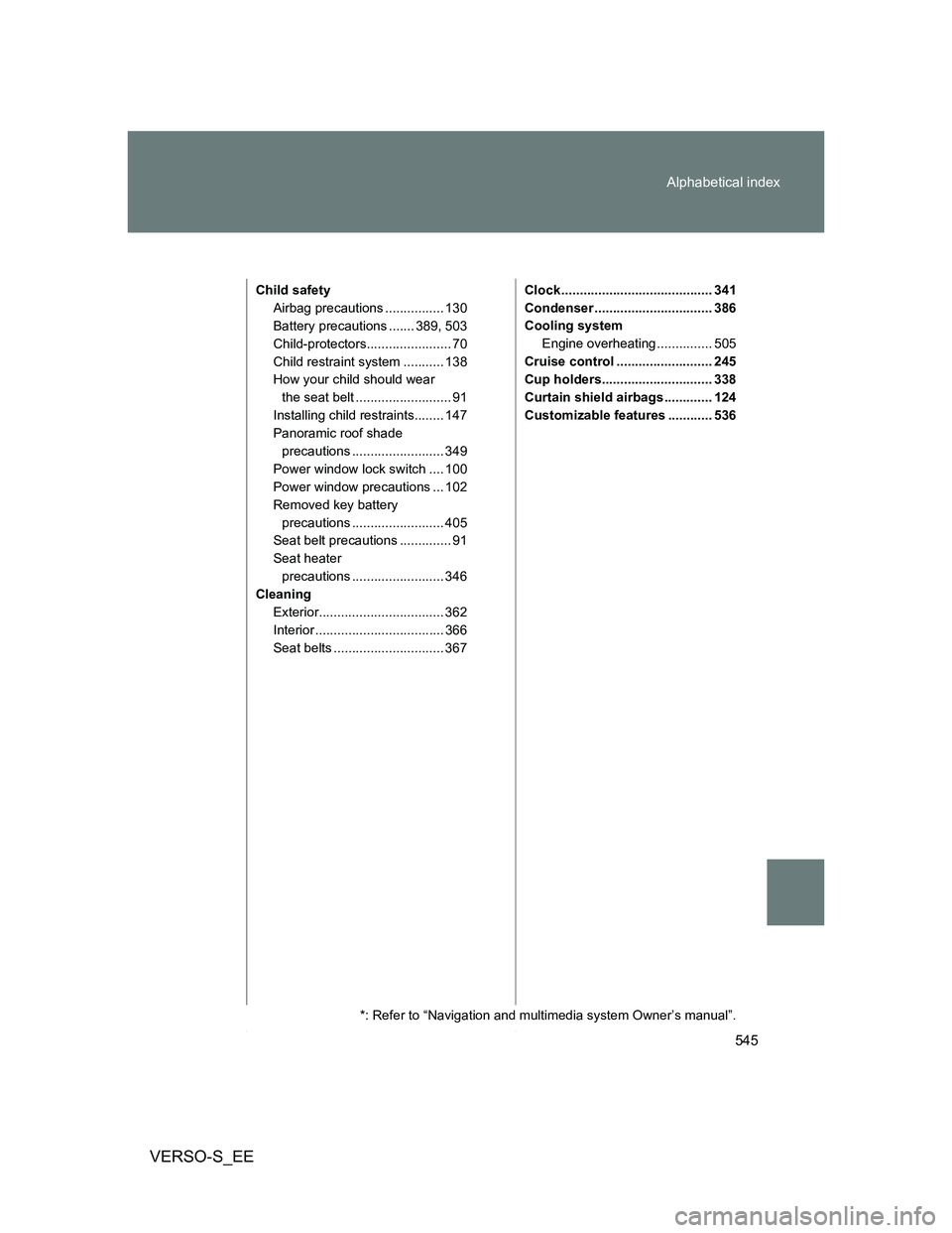TOYOTA VERSO S 2014  Owners Manual 545 Alphabetical index
VERSO-S_EE
Child safety
Airbag precautions ................ 130
Battery precautions ....... 389, 503
Child-protectors....................... 70
Child restraint system ..........