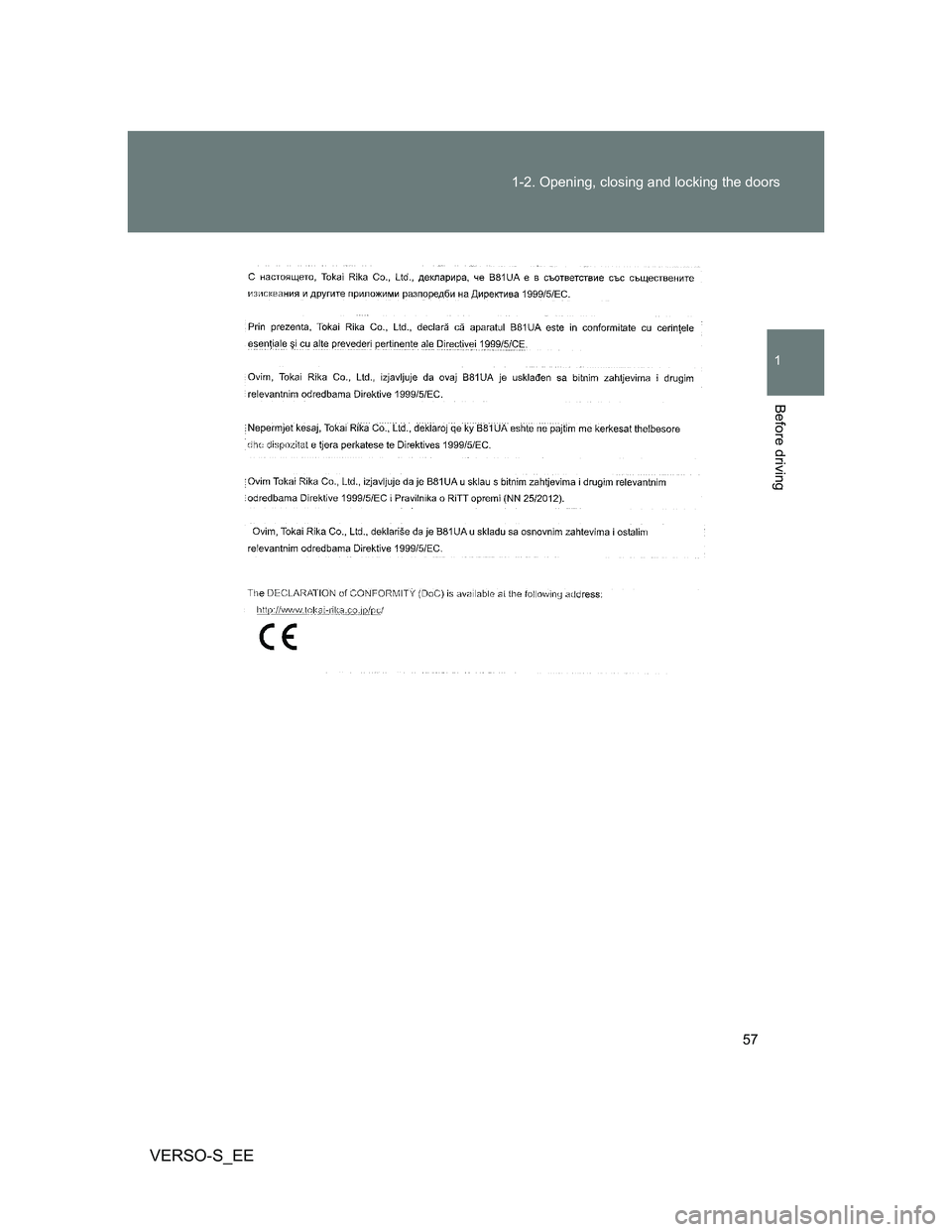 TOYOTA VERSO S 2014  Owners Manual 57 1-2. Opening, closing and locking the doors
1
Before driving
VERSO-S_EE 