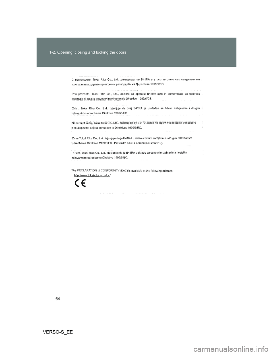 TOYOTA VERSO S 2014  Owners Manual 64 1-2. Opening, closing and locking the doors
VERSO-S_EE 
