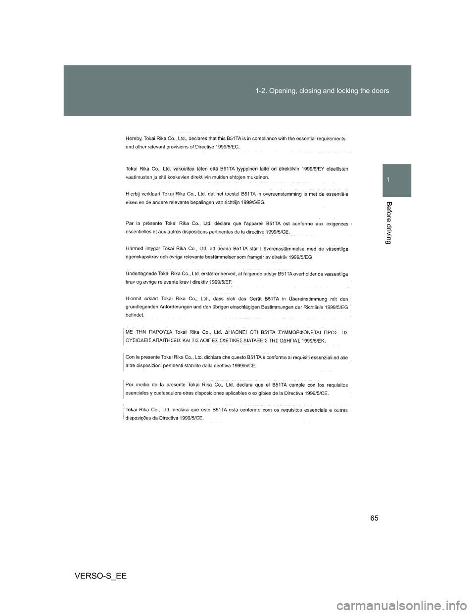TOYOTA VERSO S 2014  Owners Manual 65 1-2. Opening, closing and locking the doors
1
Before driving
VERSO-S_EE 