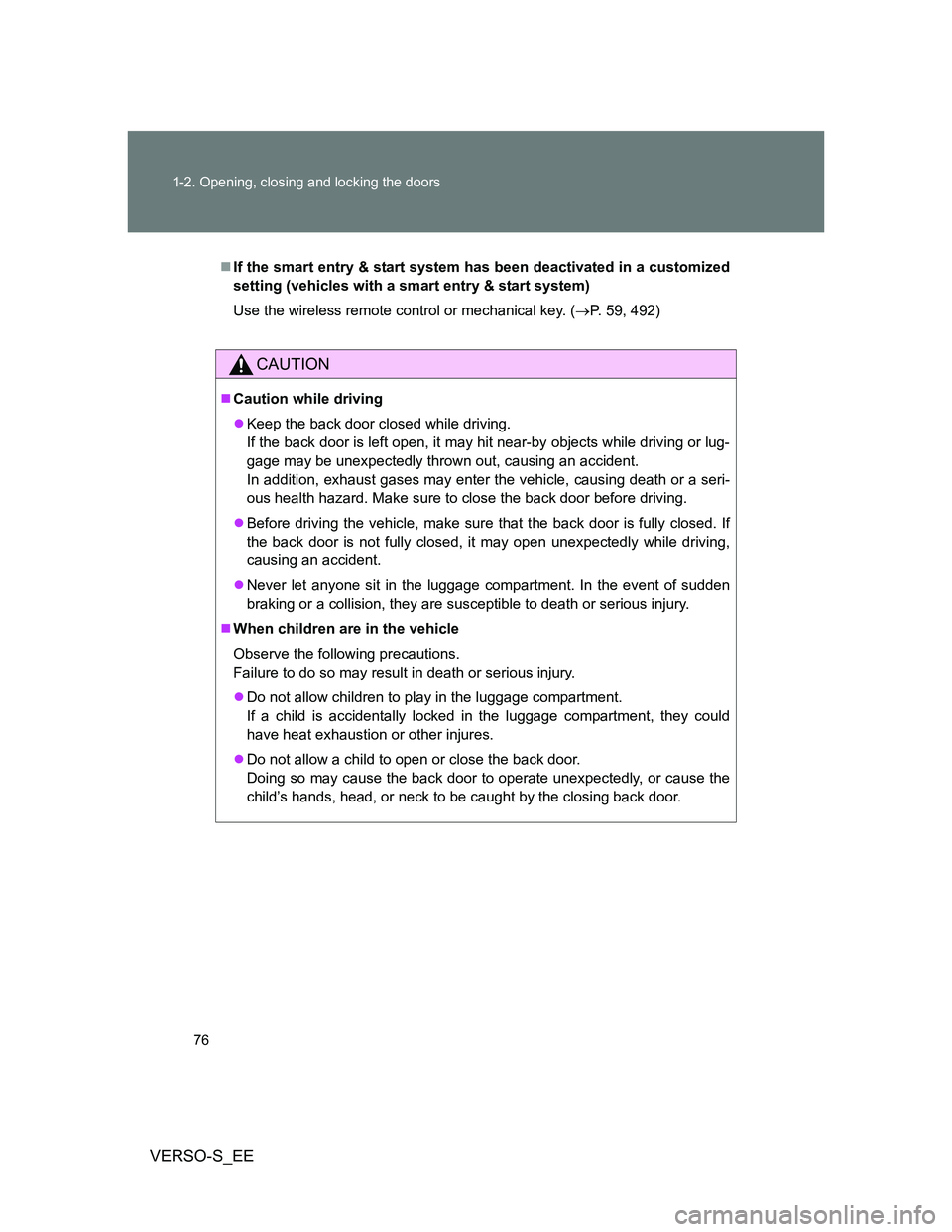 TOYOTA VERSO S 2014  Owners Manual 76 1-2. Opening, closing and locking the doors
VERSO-S_EE
If the smart entry & start system has been deactivated in a customized
setting (vehicles with a smart entry & start system)
Use the wireles